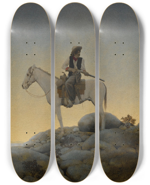 Triptych art skateboard deck of Maxfield Parrish The Outlaw by Maxfield Parrish (1870-1966)