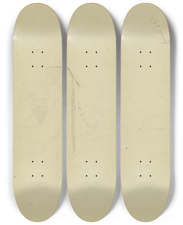 Triptych art skateboard deck of Heinrich Funk Gate In A Wall by Heinrich Funk (1807-1877)