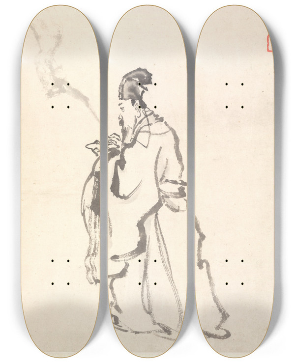 Triptych art skateboard deck of Min Zhen Su Dongpo by Min Zhen (1730-1788)