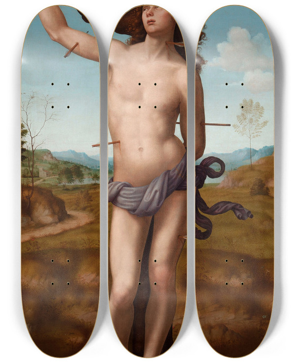 Triptych art skateboard deck of Giuliano Bugiardini Saint Sebastian by Giuliano Bugiardini (1475-1554)