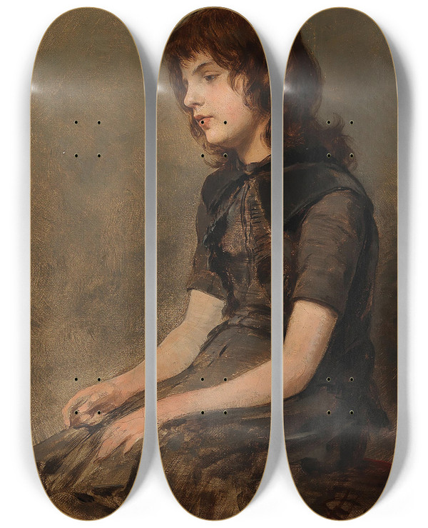 Triptych art skateboard deck of Hermann Giesel A Young Girl Sitting by Hermann Giesel (1847-1906)