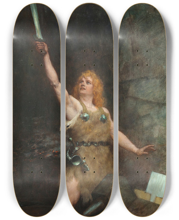 Triptych art skateboard deck of Ferdinand Leeke Siegfried In Der Schmiede by Ferdinand Leeke (1859-1923)