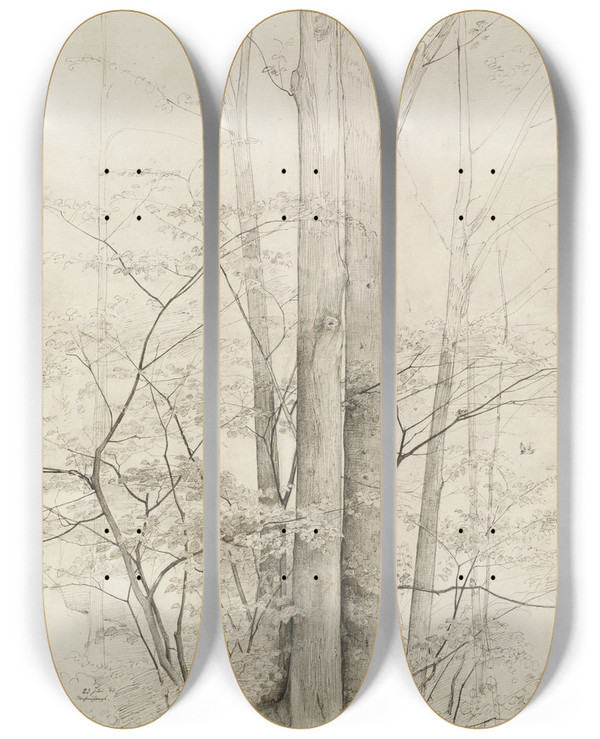 Triptych art skateboard deck of Heinrich Dreber A Stand Of Trees by Heinrich Dreber (1822-1875)