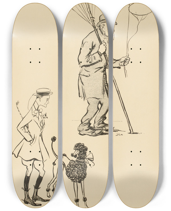 Triptych art skateboard deck of Georges Goursat Sem Le Dernier Dandy by Georges Goursat (Sem) (1863-1934)