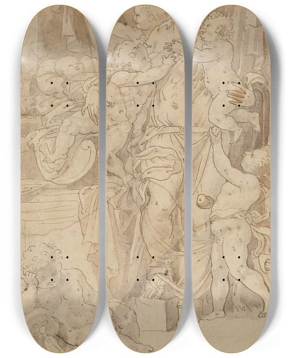 Triptych art skateboard deck of Vincent Sellaer Caritas Ii by Vincent Sellaer (1538-1544)