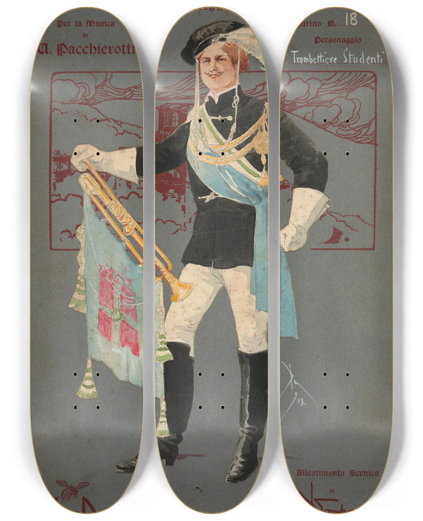 Triptych art skateboard deck of Pipein Gamba Trombettiere Studenti by Pipein Gamba (1868-1954)