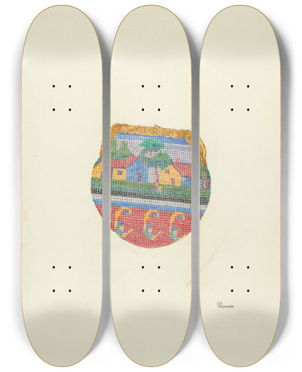 Triptych art skateboard deck of Josephine C Romano Beaded Purse by Josephine C Romano