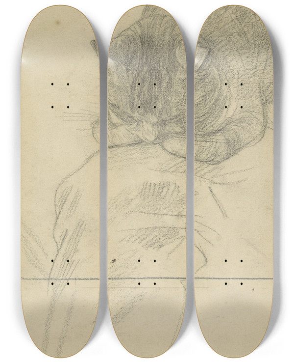 Triptych art skateboard deck of Jan Veth Studies Van Een Kat by Jan Veth (1864-1925)