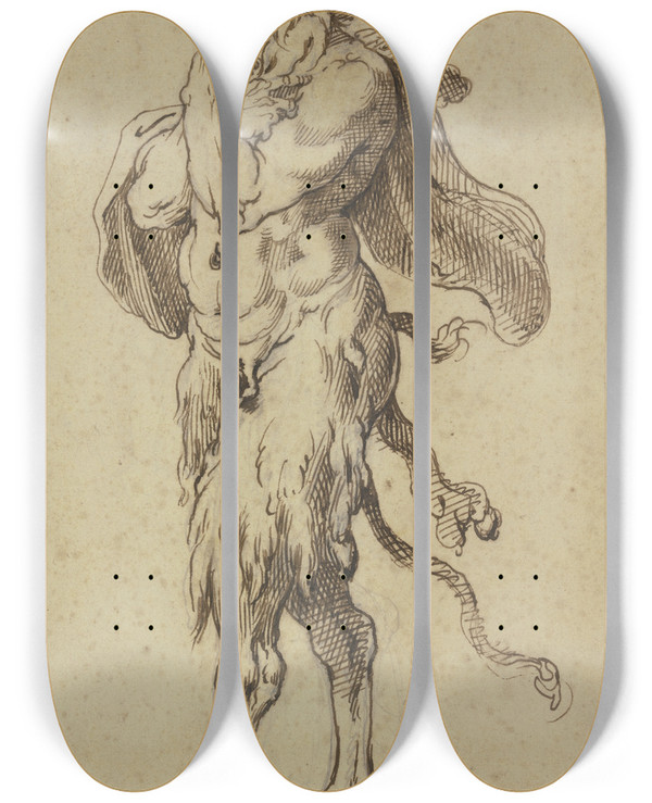 Triptych art skateboard deck of Agostino Carracci Old Satyr To The Left by Agostino Carracci (1557-1602)