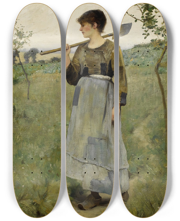 Triptych art skateboard deck of Charles Sprague Pearce Home From The Fields by Charles Sprague Pearce (1851-1914)