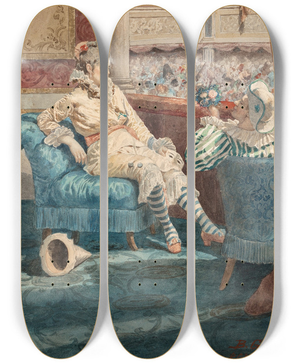 Triptych art skateboard deck of Belisario Gioja Two Figures Dressed For Carnival At A Theatre by Belisario Gioja (1829-1906)
