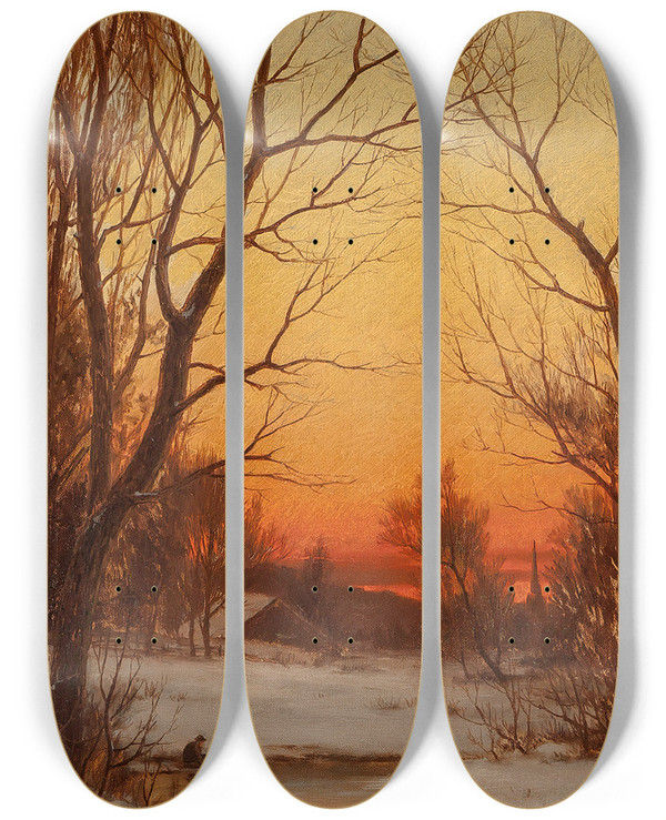 Triptych art skateboard deck of Bruce Crane Sunset Woods And Pond by Bruce Crane (1857-1937)