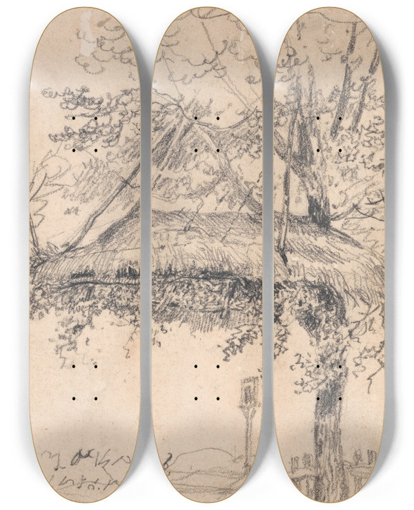 Triptych art skateboard deck of James Ward A Thatched Shelter Suspended From A Tree by James Ward (1769-1859)