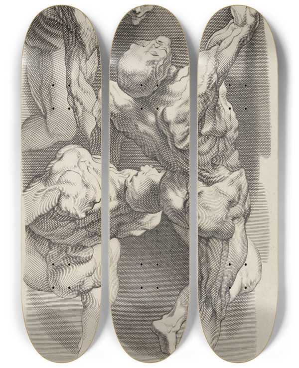 Triptych art skateboard deck of Peter Paul Rubens Study Of Three Naked Men by Peter Paul Rubens (1577-1640)