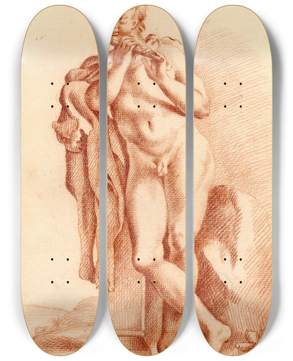 Triptych art skateboard deck of Cornelis Pronk Beeld Van Staande Naakte Jongen Met Fluit by Cornelis Pronk (1691-1759)