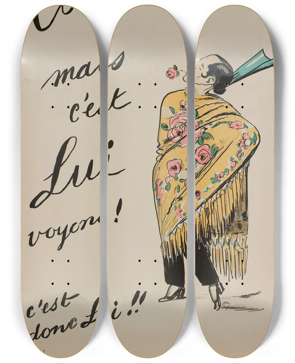 Triptych art skateboard deck of Georges Goursat Sem Elle by Georges Goursat (Sem) (1863-1934)