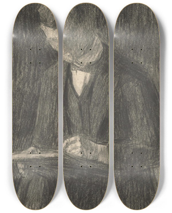 Triptych art skateboard deck of Eduard Putra Study Of A Man Reading A Book by Eduard Putra (1883-1915)