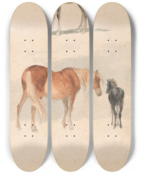 Triptych art skateboard deck of Robert Hills Two Studies A Foal And A Mare And Foal by Robert Hills (1769-1844)