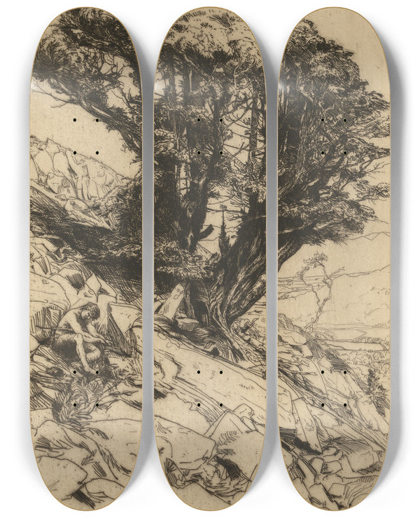 Triptych art skateboard deck of Charles Holyroyd A Yew Tree On Glaramara by Charles Holyroyd