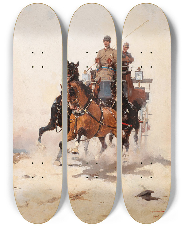 Triptych art skateboard deck of Alfredo Tominz A Wild Coach Journey by Alfredo Tominz (1854-1936)