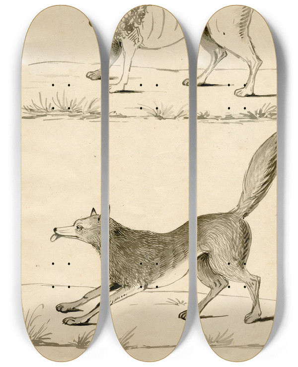Triptych art skateboard deck of Floris Verster A Poodle And A Fox Leaf Of A Sketchbook by Floris Verster (1861-1927)