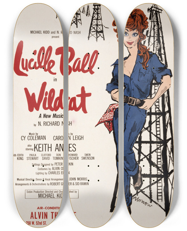 Triptych art skateboard deck of Artcraft Lithograph Lucille Ball Lin Wildcat by Artcraft Lithograph (1905-1970)