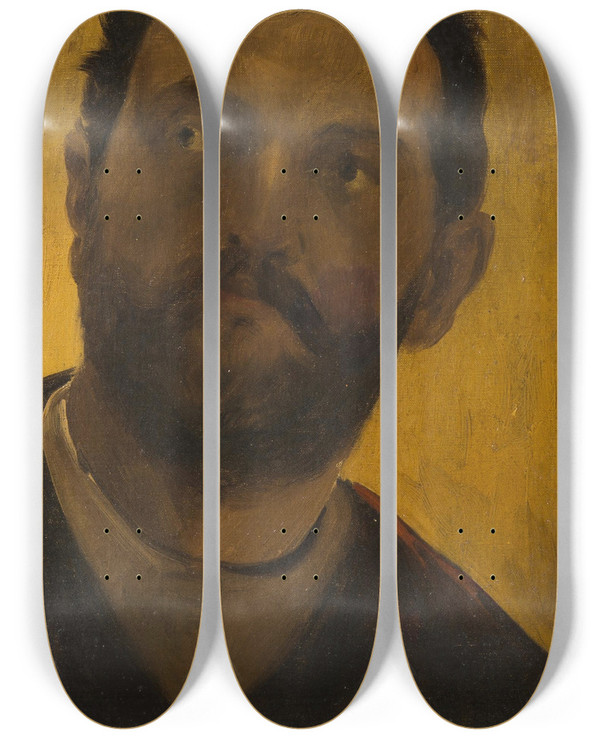 Triptych art skateboard deck of Vclav Brok Study Of A Mans Head by Vaclav Brozik (1851-1901)