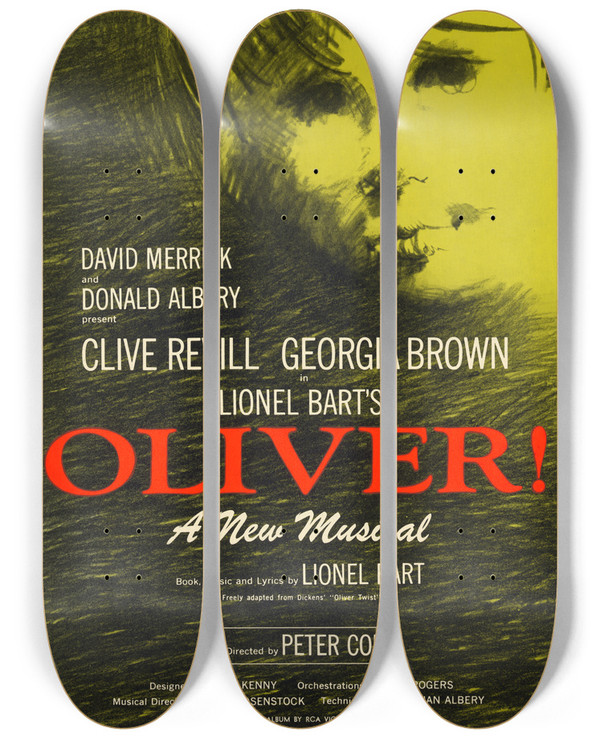 Triptych art skateboard deck of Artcraft Lithograph Oliver by Artcraft Lithograph (1905-1970)