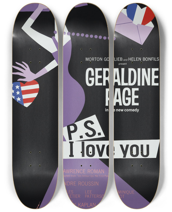 Triptych art skateboard deck of Artcraft Lithograph Ps I Love You by Artcraft Lithograph (1905-1970)