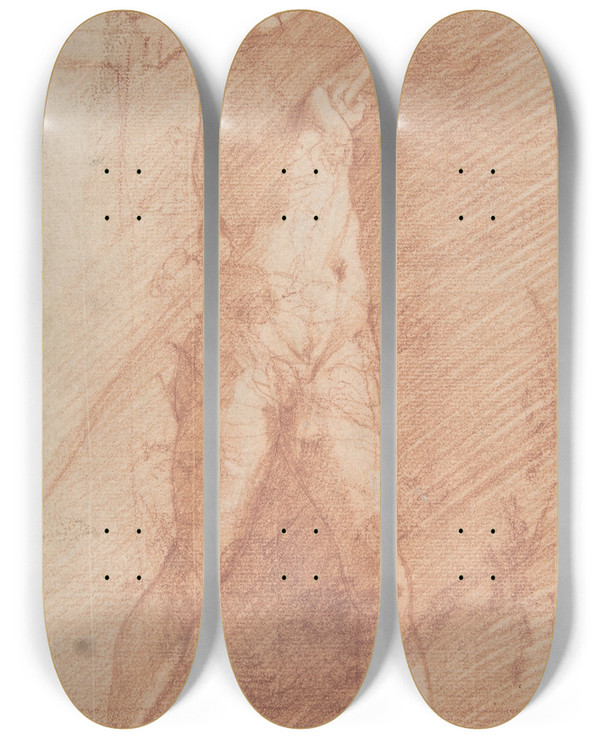 Triptych art skateboard deck of Francesco Montelatici Man Sheathing A Sword by Francesco Montelatici (1601-1661)
