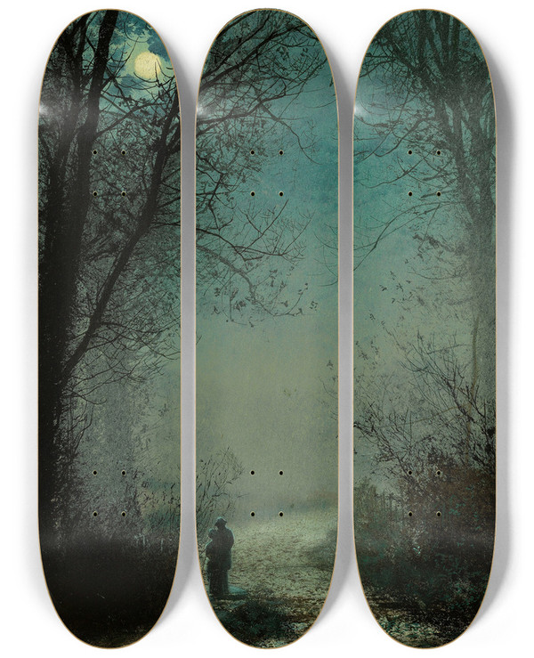 Triptych art skateboard deck of John Atkinson Grimshaw Lovers On A Moonlit Lane by John Atkinson Grimshaw (1836-1893)