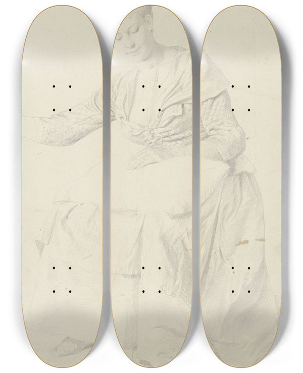 Triptych art skateboard deck of Eugen Klimsch Sitzende Junge Mutter Mit Einem Kissen Auf Dem Scho by Eugen Klimsch (1839-1896)