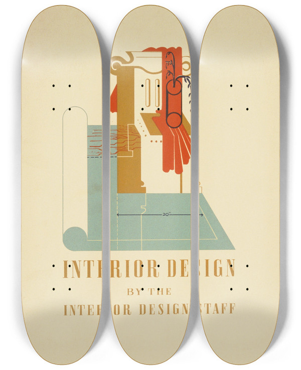 Triptych art skateboard deck of Jerome Henry Rothstein Exhibition Interior Design By The Interior Design Staff by Jerome Henry Rothstein (1918-2008)