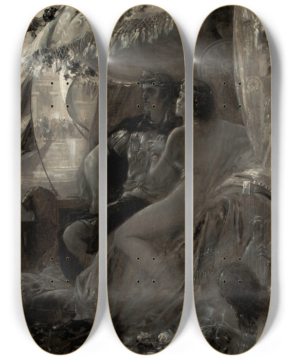 Triptych art skateboard deck of Andr Castaigne Antony And Cleopatra by Andre Castaigne (1861-1929)