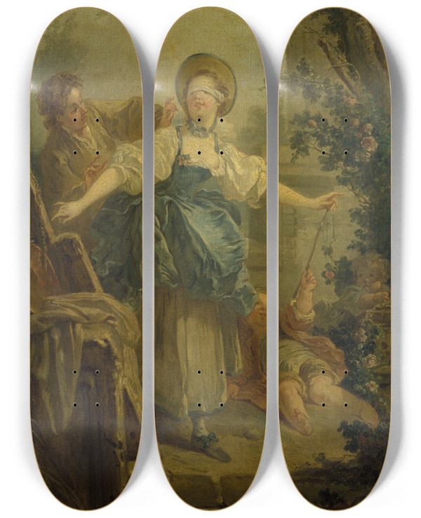 Triptych art skateboard deck of Jeanhonor Fragonard Le Colinmaillard by Jean-Honor Fragonard (1732-1806)