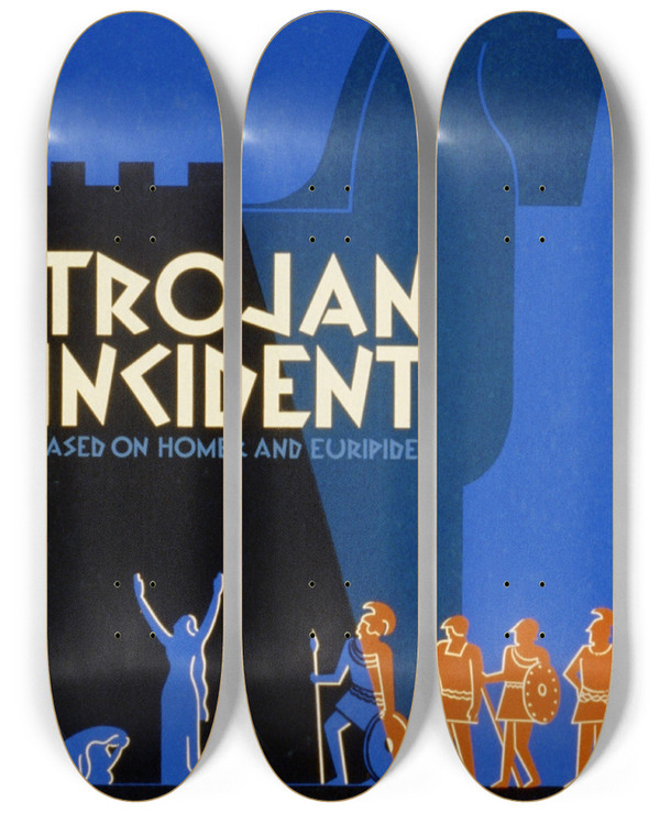 Triptych art skateboard deck of Leslie Bryan Burroughs Trojan Incident by Leslie Bryan Burroughs (19-)