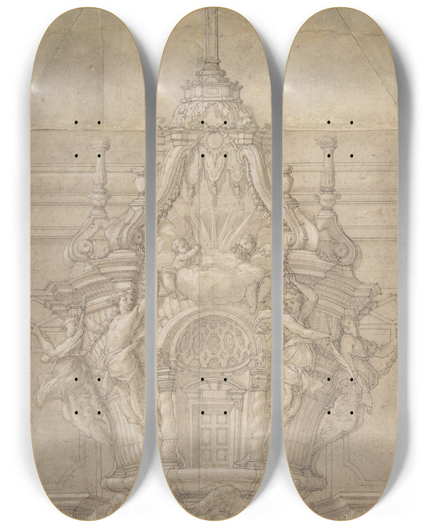 Triptych art skateboard deck of Pierre Puget Design For A Tabernacle by Pierre Puget (1620-1694)
