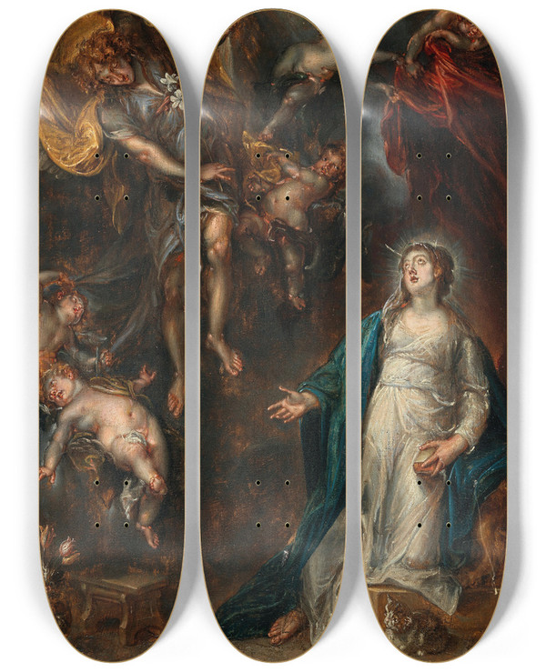 Triptych art skateboard deck of Simon De Vos The Annunciation by Simon de Vos (1603-1676)