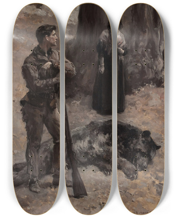 Triptych art skateboard deck of Alice Barber Stephens The Bear Hunter by Alice Barber Stephens (1858-1932)