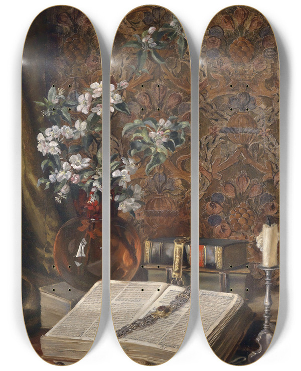 Triptych art skateboard deck of Francesco Malacrea Stillleben Mit Folianten by Francesco Malacrea (1812-1886)