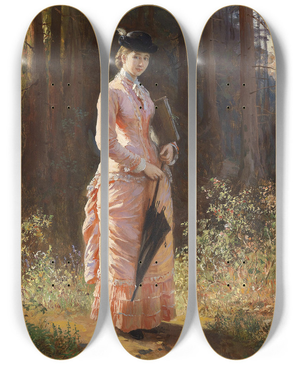 Triptych art skateboard deck of Karl Von Blaas Dame Mit Schirm Und Zeichenmappe by Karl Von Blaas (1815-1894)
