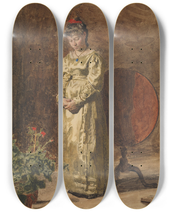 Triptych art skateboard deck of Thomas Eakins Young Girl Meditating by Thomas Eakins (1844-1916)