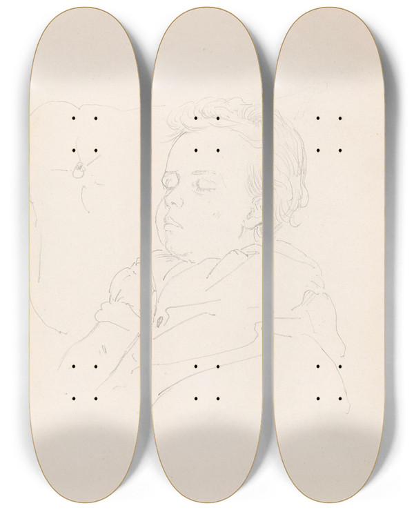 Triptych art skateboard deck of Adolph Tidemand Sovende Barn_1 by Adolph Tidemand (1814-1876)