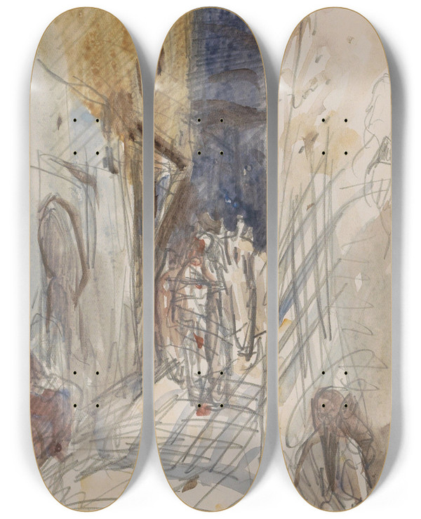 Triptych art skateboard deck of Marius Bauer Straat Met Figuren_1 by Marius Bauer (1867-1932)