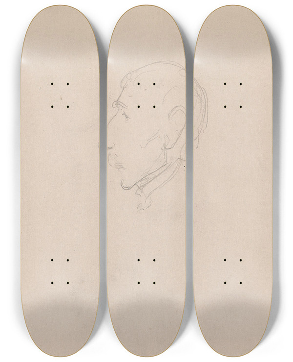Triptych art skateboard deck of Adolph Tidemand Mannshode I Profil by Adolph Tidemand (1814-1876)