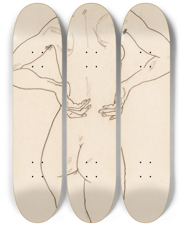 Triptych art skateboard deck of Egon Schiele Weiblicher Rckenakt Die Hnde Auf Der Hfte by Egon Schiele (1890-1918)