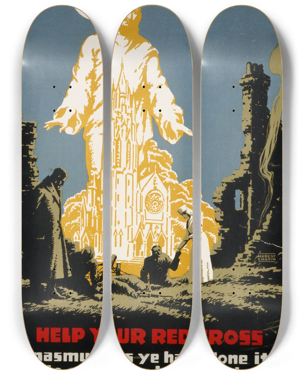 Triptych art skateboard deck of Hubert Chapin Help Your Red Cross by Hubert Chapin (20-)