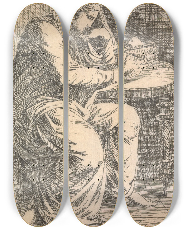 Triptych art skateboard deck of Alexander Runciman Sigismunda by Alexander Runciman (1736-1785)
