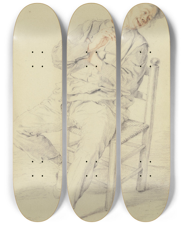 Triptych art skateboard deck of Cornelis Dusart Rauchender Bauer Auf Einem Stuhl Nach Rechts Gewandt by Cornelis Dusart (1660-1704)