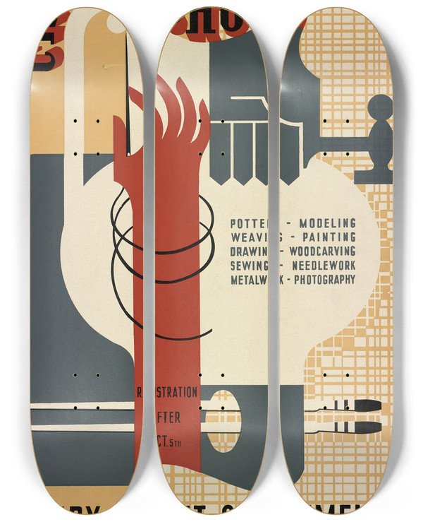 Triptych art skateboard deck of Jerome Henry Rothstein Craft School by Jerome Henry Rothstein (1918-2008)